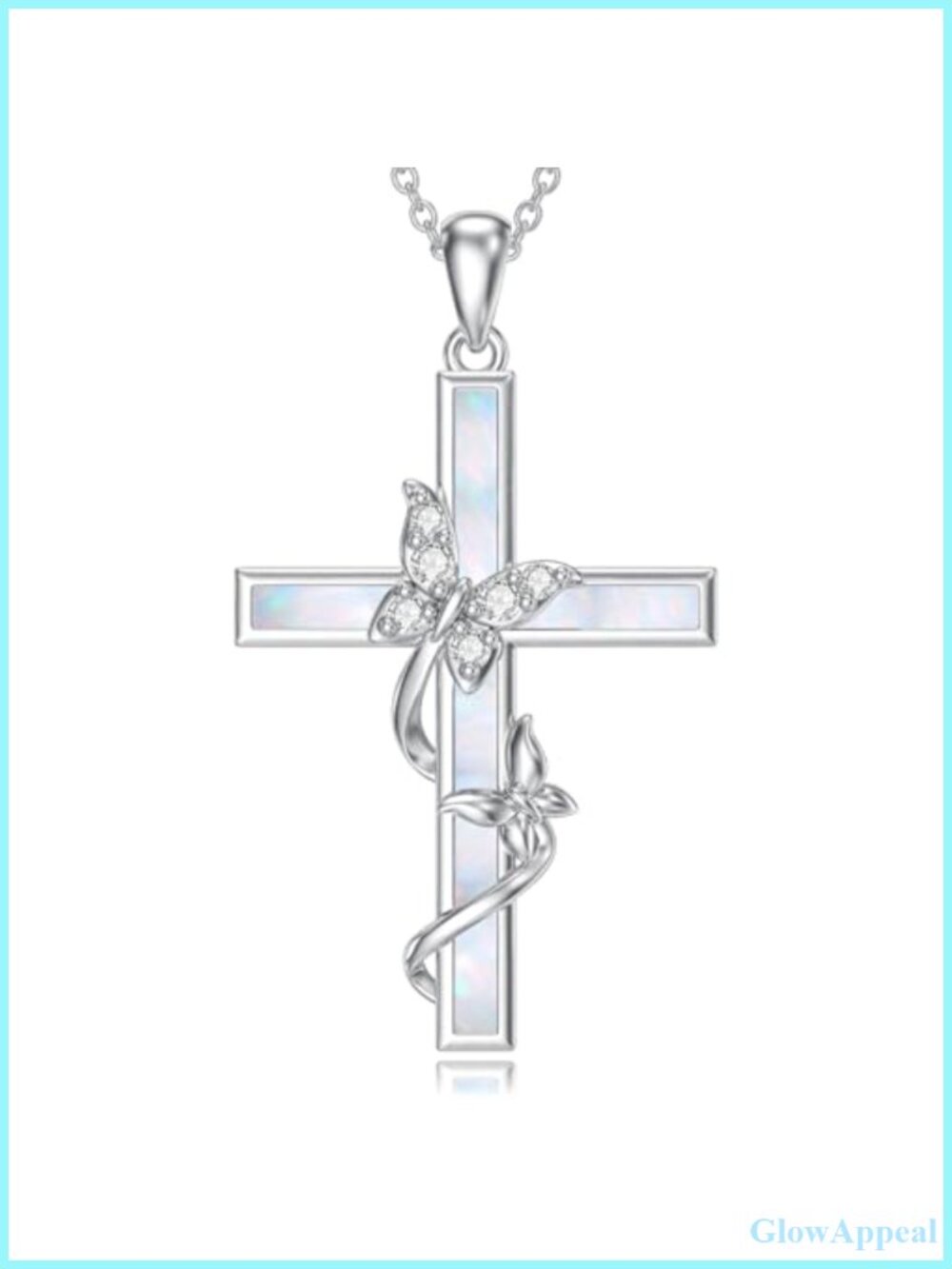 Sterling Silver Opal Butterfly Cross Pendant Necklace 18-20 Inch